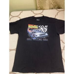 Back To The Future Mens '85 Hill Valley, USA Black T-Shirt, size large, cotton